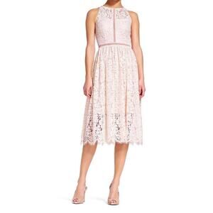 Adrianna Papell Lace Tea Length Illusion Dress Light Pink Silver Floral Size 10